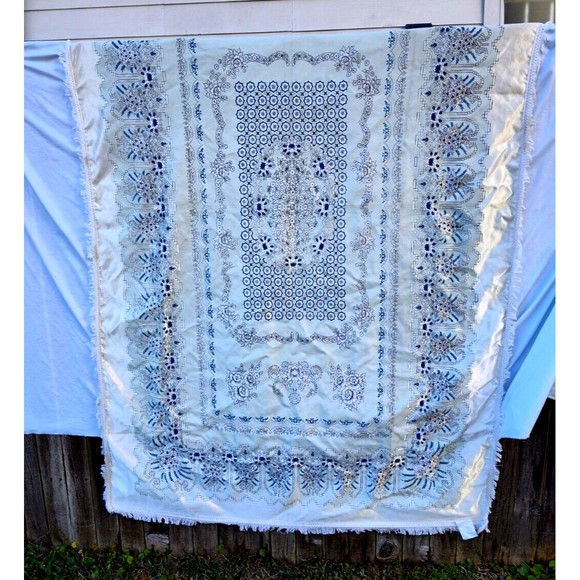 Alpha Ittech Tex Printed Blue Gray Silver Floral Tablecloth 85x53 Geometric Star - Picture 6 of 11